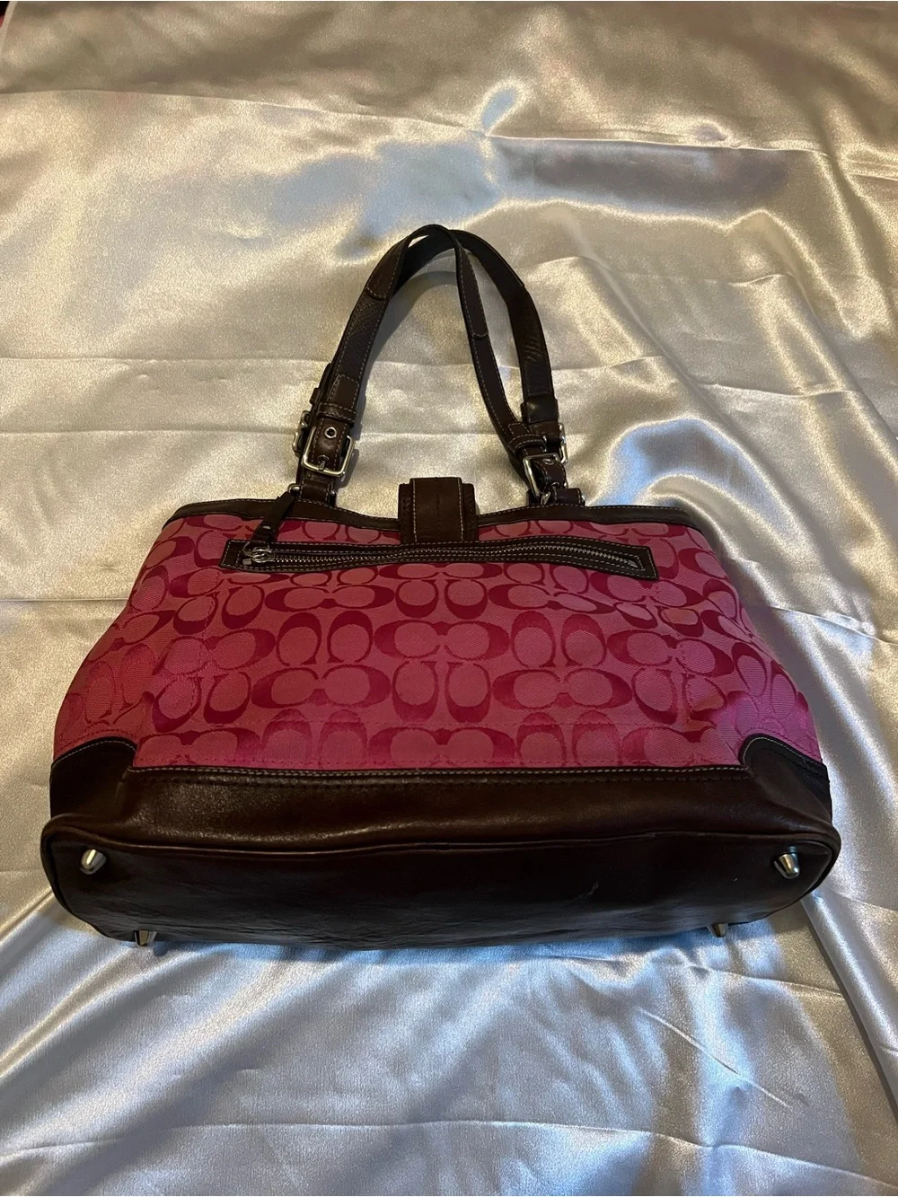 Coach Pink Signature Canvas Tote with Dark Brown Leather Accents